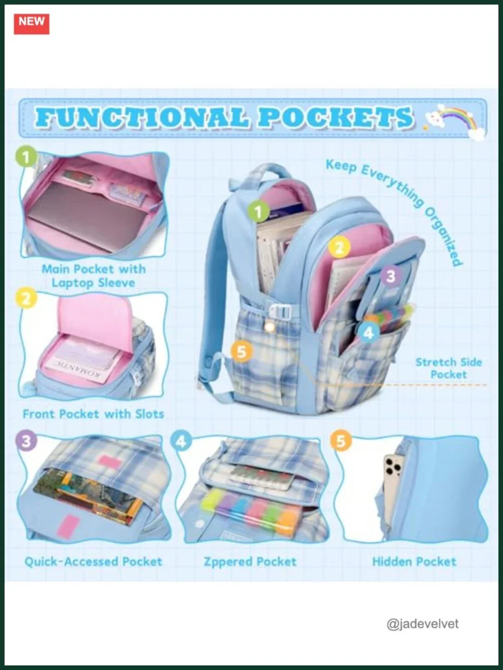 Kids Backpack for Girls Ages 6-14, Large Capacity School Bookbag w/ 9 Pockets,